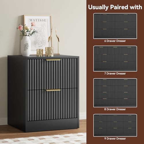 9 Drawer Dresser & 2-Drawer Nightstand Set 3-Piece, Black丨63 Wide Fluted Bedroom Dresser Set Night Stand Set of 2, Modern Wood Chest of Drawers Storage Dressers Set for Bedroom - Image 6