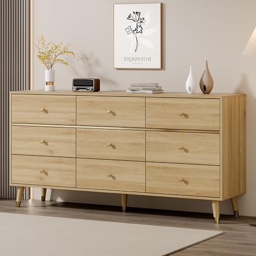 Chrangmay 9 Drawer Dresser,47" Wide Mid Century Modern Chest of Drawers,Wooden Bedroom Drawer Dresser with 9 Storage Drawers for Bedroom, Living Room,with Anti-Tipping Device,Yellow by Chrangmay