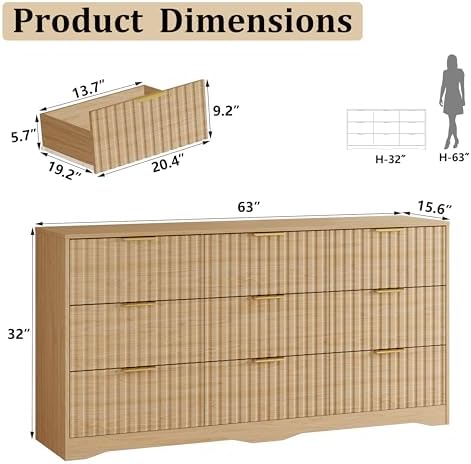 Fluted 9 Drawers Dresser for Bedroom, 63" Wide Wood Dressers, Natural Oak - Image 2