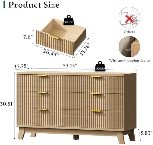 Xixini Fluted Dresser with 6 Drawers, 54" Wide Modern Chest of Drawers with Metal Handle, Wooden Dresser TV Stand, Wood Closet Clothes Storage Organizer for Bedroom, Living Room, Hallway, Natural Oak - Image 2