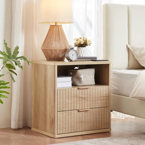 LEYAOYAO Fluted Nightstand Set of 2 with Charging Station,23" Modern Nightstand with Wood Grain Top, 2 Drawer End Table w/Storage, BedsideTable for Bedroom, Living Room, Natural - Image 5