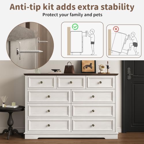 51" Wide Farmhouse 9 Drawer Dresser for Bedroom, Rustic White - Image 5