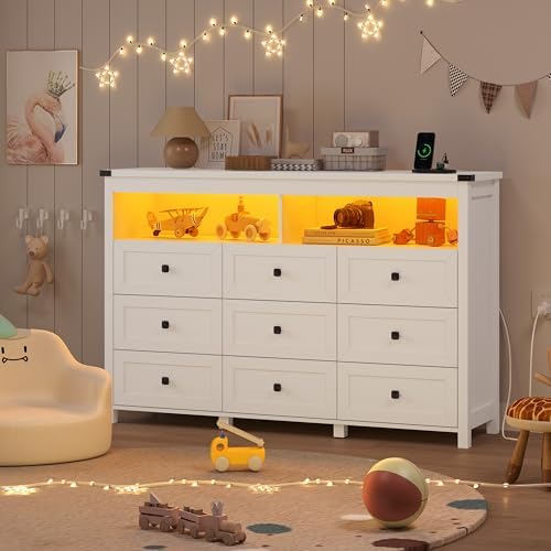 Wodeer 9 Drawer Dresser for Bedroom with LED Lights, Charging Station, Wood Chest of Drawers with Metal Handles, Modern TV Stand & Storage Organizer for Bedroom, Hallway, White - Image 4