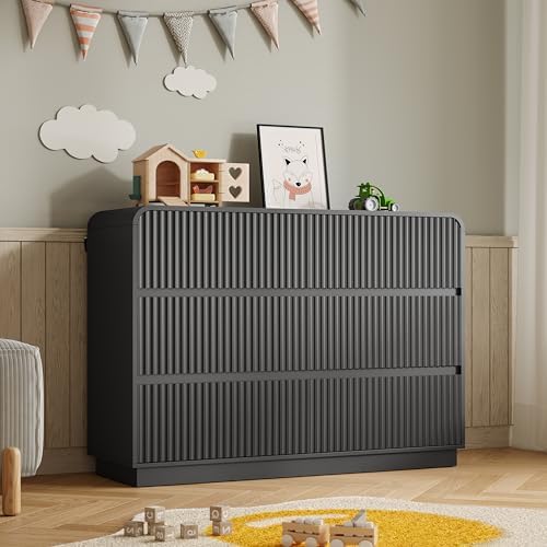 BORNOON Dresser for Bedroom with 6 Drawers, Fluted Chest of Drawers with Round Curved Corner, Hidden Handles, Modern Wood Storage Organizer for Bedroom, Nursery, Living Room by BORNOON