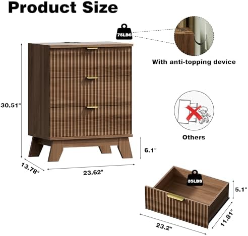 Xixini Fluted Nightstand with Charging Station, Tall Bedside Table, Walnut - Image 2