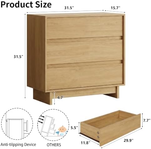 HOUROM Oak Dresser for Bedroom, 31in Modern 3 Drawer Chest of Drawers - Image 2