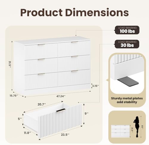 MALOL 6 Drawer Fluted Dresser for Bedroom, Modern Wooden Chest of Drawers, Wide Storage Cabinet with Smooth Silent Slides, Anti-Tip, 47" Storage Organizer for Bedroom Living Room, White - Image 2