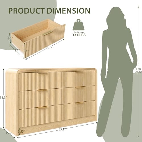 Decofy 55" W Fluted 6-Drawer Dresser for Bedroom,Natural Oak - Image 2