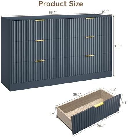 Navy Blue 6 Drawer Dresser for Bedroom, 55" Wide Fluted Chest of Drawers with Gold Metal Handles, Wood Dresser Storage Organizer Mid Century TV Stand for Living Room Closet Hallway - Image 2