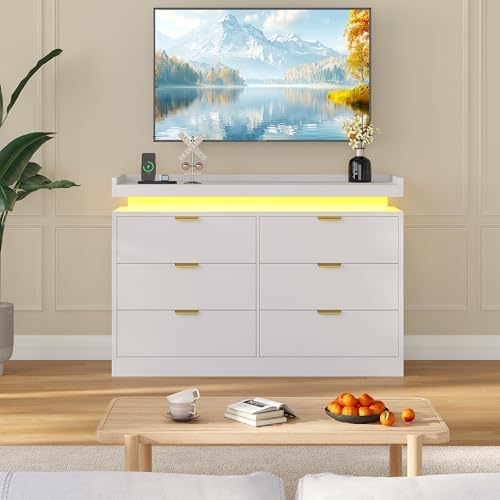 knoworld 6 Drawer Dresser for Bedroom, White Dresser with LED Lights and Power Outlet, Large Wooden Dressers Modern Chest of Drawers, Double Wide 6 Drawer Dressers for Bedroom, Entryway, Hallway - Image 6