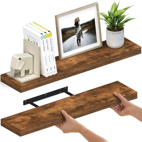 Ballucci Floating Shelves for Wall, 36" Wood Wall Shelf Set of 2, with Invisible Brackets for Bathroom, Living Room, Bedroom, Kitchen, Nursery, 8" Deep, Rustic Brown by Ballucci