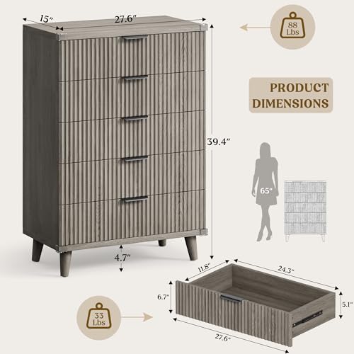 Wood Tall 5 Drawers Dresser, 27.6" W Fluted Modern Dressers for Bedroom - Image 2