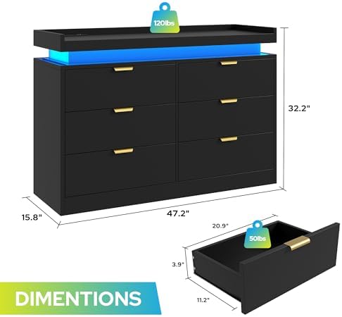 knoworld 6 Drawer Dresser for Bedroom, Black Dresser with LED Lights and Power Outlet, Large Wooden Dressers Modern Chest of Drawers, Double Wide 6 Drawer Dressers for Bedroom, Entryway, Hallway - Image 2