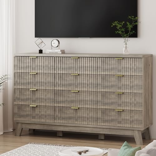 Xixini Fluted Dresser for Bedroom with 12 Drawers, 57" Wide Modern Chest of Drawers with Metal Handle, Wooden Dresser TV Stand, Wood Closet Clothes Storage Organizer for Living Room, Hallway, Grey - Image 7