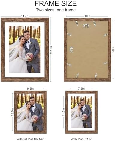 Hongkee 10x14 Picture Frame Set of 4, Made of Glass and Rustic Brown Wooden Frame, Display 8x12 Pictures with Mat or 30 x 40cm Diamond Painting Art without Mat for Wall Mounting, Gallery Photo Frames - Image 2