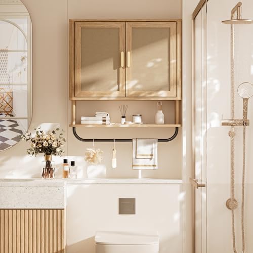 INNOD Rattan Bathroom Wall Cabinet with Towel Bar, Wall-Mounted Medicine Cabinet with Adjustable Wood Shelf & Doors, Over the Toilet Storage Cabinet for Laundry Room & Kitchen & Living Room - Image 5