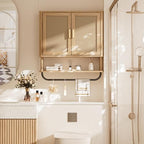 INNOD Rattan Bathroom Wall Cabinet with Towel Bar, Wall-Mounted Medicine Cabinet with Adjustable Wood Shelf & Doors, Over the Toilet Storage Cabinet for Laundry Room & Kitchen & Living Room - Image 5