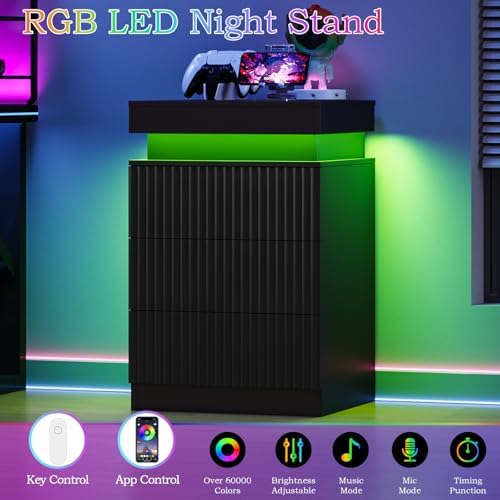 Fluted LED Night Stand with Charging Station, Black - Image 3