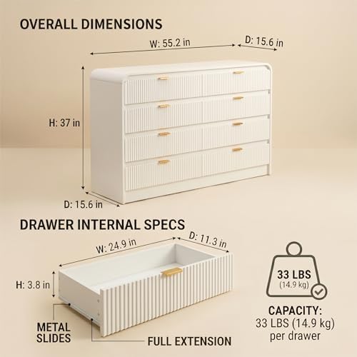 FURSUN Fluted 8 Drawers Dresser for Bedroom, 55" Wide Wooden Dresser with Metal Handle, Curved Profile Design, Modern Storage Organizer for Bedroom, Living Room, Hallway, White - Image 2