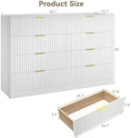 White 8 Drawer Dresser for Bedroom, 55" Wide Fluted Chest of Drawers with Gold Metal Handles, Modern Wooden Dresser, Closet Storage Organizer Mid Century TV Stand for Living Room Hallway - Image 2