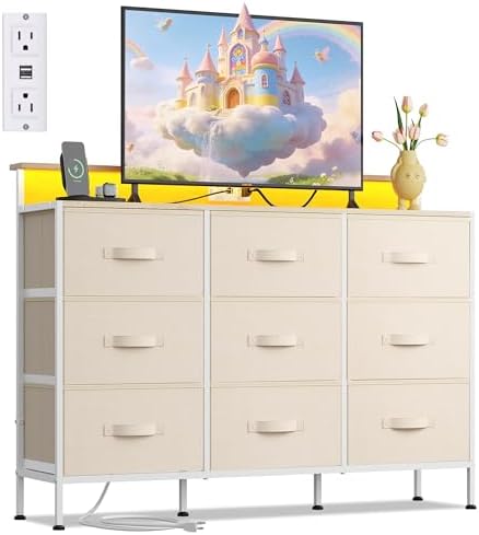WLIVE Dresser TV Stand 9 Drawers, Fabric Chest of Drawers LED Lights, Cream by WLIVE