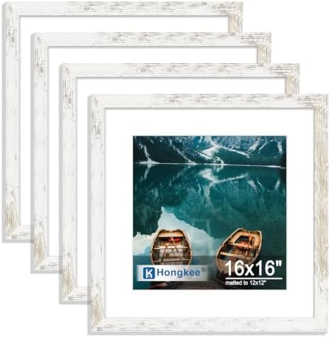 Hongkee 16x16 Frame Set of 4, 16 x 16 Distressed White Wood(Mat 12x12) by Hongkee