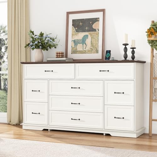jiteentarou Farmhouse 9 Drawer Dresser for Bedroom,63” Wood Dresser & Chest of Drawers with Power Outlets,Large & Wide Dressers for Bedroom,Tall Storage Dresser Organizer(White) - Image 3