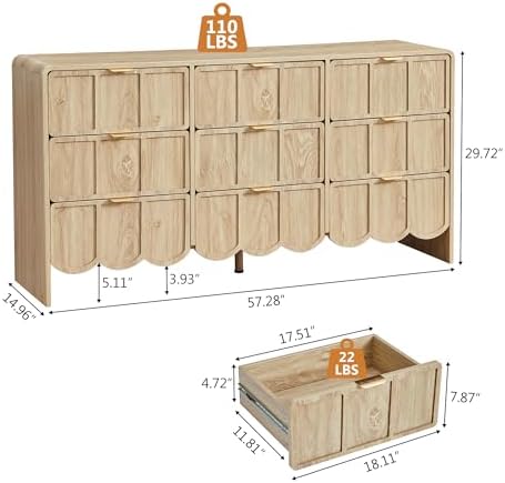 ORRD 9 Drawer Dresser for Bedroom, Modern Closet Chest of Drawers with Wave Fluted Drawer, Wood Storage Small Dresser Organizer for Nursery Bedroom Living Room Hallway Closet (Natural) - Image 2