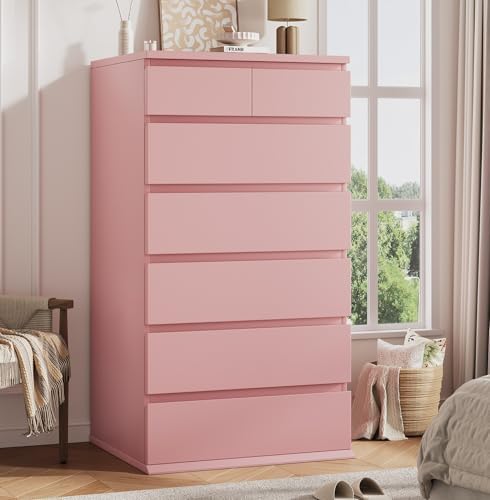 Pink Tall 7 Drawer Dresser for Bedroom, Modern Wood Closet Dressers & Chests of Drawers with Jewelry Storage, 23.6" L*15.8" W*47.5" H in Large Vertical Dresser for Bedroom, Living Room, Nursery by JOCOEVOL