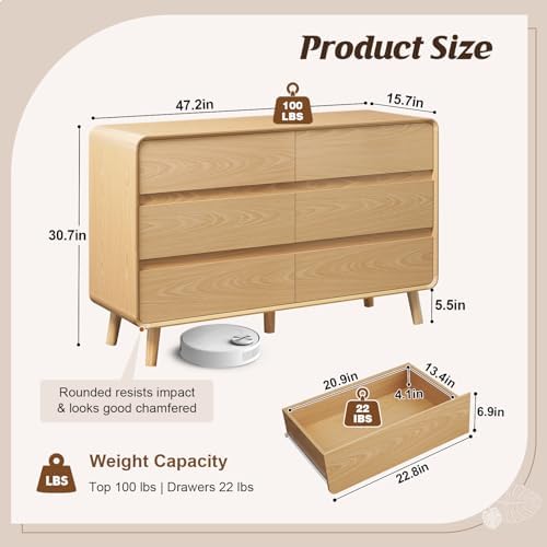Nasonet 6 Drawer Dresser for Bedroom, 47'' Wide Mid Century Modern Dressers & Chests of Drawers, Wood Storage Drawer Dressers for Hallway, Home Office, Oak - Image 2