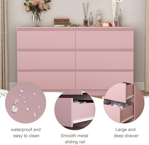 Spaco Pink Dresser for Bedroom,Modern 6 Drawer Dresser with Deep Drawer,Wide Storage Chest of Drawers,Bedroom Storage Organizer Furniture,TV Stand for Living Room - Image 4
