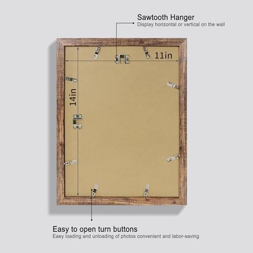 Hongkee 11x14 Picture Frame Set of 4, Made of Glass and Rustic Brown Wooden Frame, Display 8x10 Pictures with Mat or 11 x 14 Posters without Mat for Wall Mounting, Gallery Photo Frames - Image 3