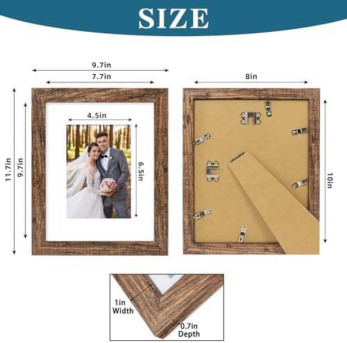 Hongkee 8x10 Picture Frame Set of 4, Made of Real Glass and Rustic Brown Wooden Frame, 8 by 10 Photo for Wall or Tabletop - Display Picture 5x7 with Mat or 8x10 Without Mat - Image 3