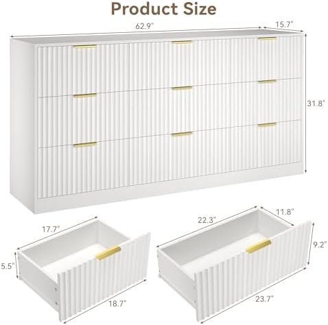 White 9 Drawer Dresser for Bedroom, 63" Wide Modern Fluted Chest of Drawers, Wooden Dresser with Gold Metal Handles, Mid Century Large Dresser TV Stand for Living Room Hallway - Image 2