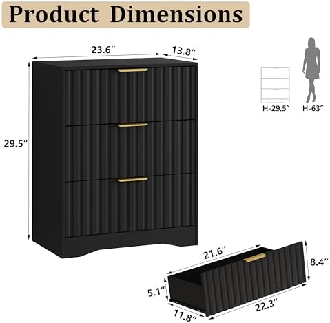 Fluted 3 Drawer Dresser for Bedroom, 30" Tall Modern Dressers, Black - Image 2