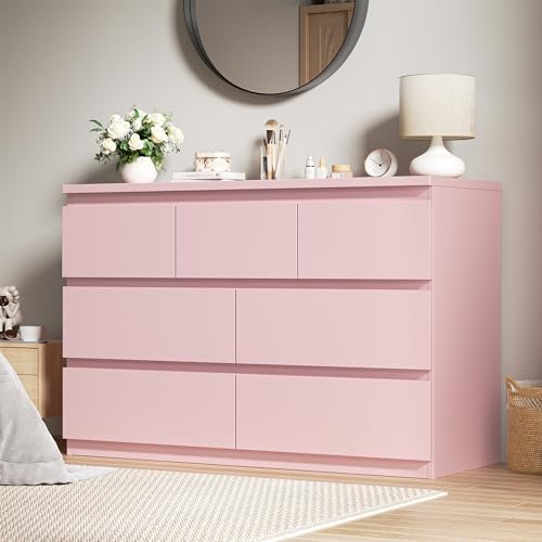 Modern 7 Drawer Dresser for Bedroom,Pink Wood Chest of Drawers,Closet Clothes Storage Organizer with Deep Drawers for Living Room Hallway Entryway,Nursery (15.3" D x 47.2" W x 32.3" H) by Unknown