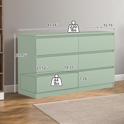 Vibe & Dine 6 Drawer Double Dresser, Modern Chest of Drawers with Wide Storage for Closet, Bedroom, Living Room (Light Green) - Image 3