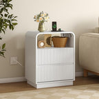 BORNOON Dresser with 2 Drawers and Charging Station, Fluted Bedside Table with Round Curved Corner, Hidden Handles, 2 AC Outlets and 2 USB Ports, Modern Wood End Table with Open Shelf for Bedroom - Image 6