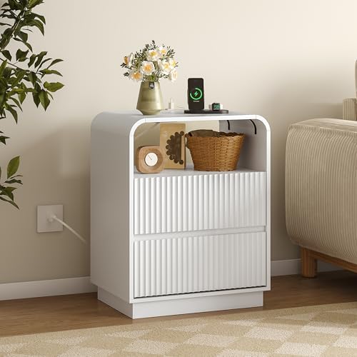 BORNOON Dresser with 2 Drawers and Charging Station, Fluted Bedside Table with Round Curved Corner, Hidden Handles, 2 AC Outlets and 2 USB Ports, Modern Wood End Table with Open Shelf for Bedroom - Image 6