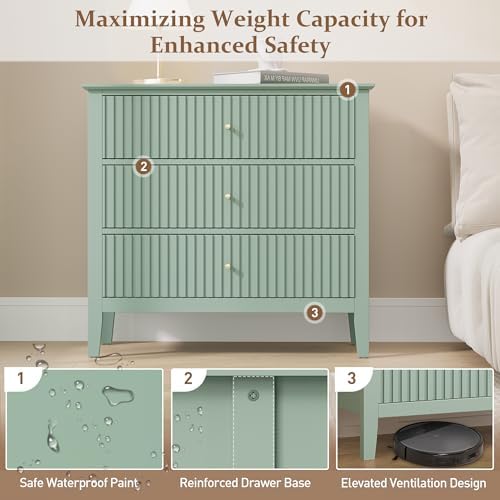 RoyalCraft 32" Large Nightstand Set of 2, Fluted Painted Wood Bedside Table with 3 Spacious Drawers, Modern End Table for Bedroom, Living Room, Light Green - Image 5