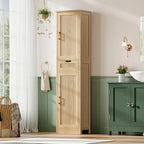 Iwell Tall Narrow Storage Cabinet with 1 Drawer and 2 Doors, Fluted Cabinet with Adjustable Shelves, Rattan Kitchen Cabinet for Bathroom, Living Room, Kitchen, Natural Oak - Image 2