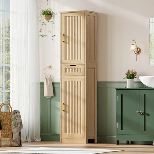 Iwell Tall Narrow Storage Cabinet with 1 Drawer and 2 Doors, Fluted Cabinet with Adjustable Shelves, Rattan Kitchen Cabinet for Bathroom, Living Room, Kitchen, Natural Oak - Image 2