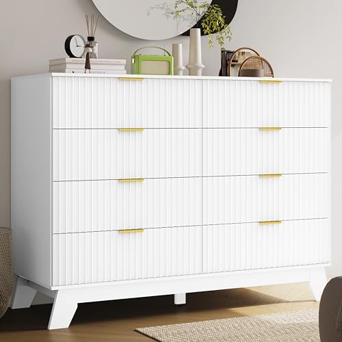 HUANLEGO 48" W Tall Fluted Dresser for Bedroom with 8 Drawer, White by HUANLEGO