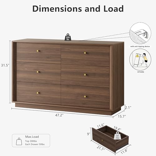 FORTUNETEC 47" Wide 6 Drawer Dresser for Bedroom, Walnut - Image 2