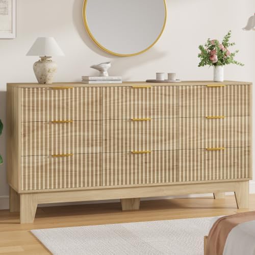 Garvee 9 Drawer Dresser for Bedroom, 59" Wide Fluted Chest of Drawers, Oak by Garvee