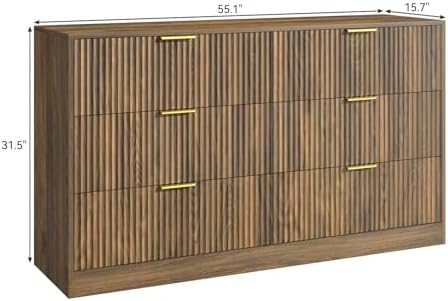 Walnut 6 Drawer Dresser for Bedroom, 55'' Wide Wood Chest of Drawers, Modern Fluted Bedroom Dressers with Drawers, Large Dresser TV Stand Mid Century Double Dresser for Living Room, Hallway - Image 7