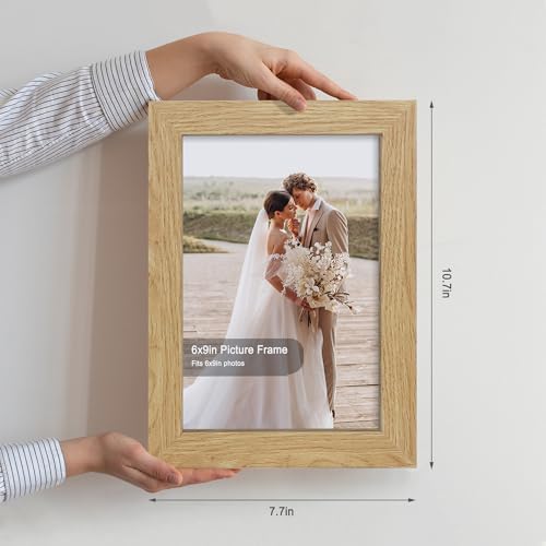 Hongkee 6x9 Picture Frame Set of 4, Made of Real Glass and Natural Oak Wooden Frame - 6 by 9 Photo for Wall or Tabletop Display - Image 2