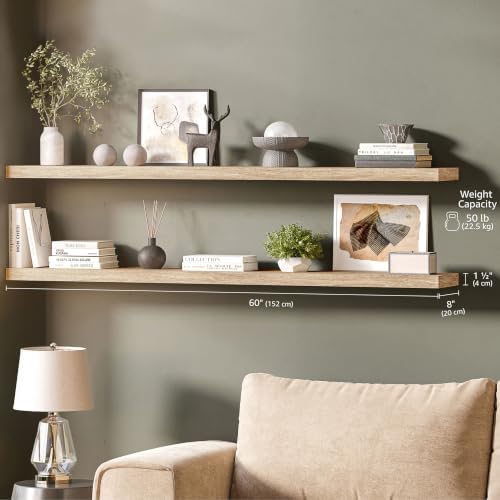 Ballucci Floating Shelves for Wall, 60" Wood Wall Shelf Set of 2, with Invisible Brackets for Bathroom, Living Room, Bedroom, Kitchen, Nursery, 8" Deep, Oak Finish - Image 3