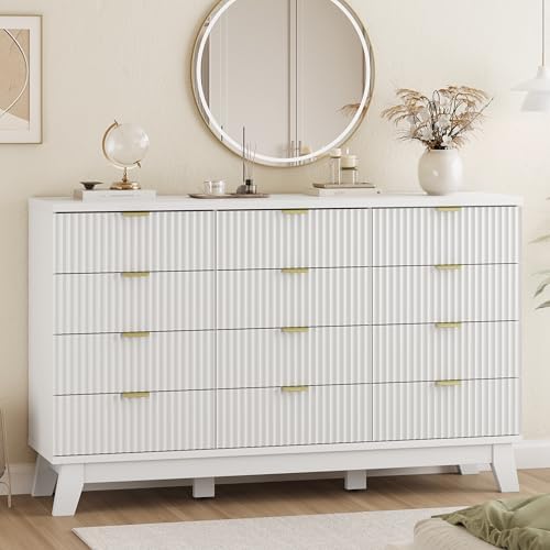 Xixini Fluted Dresser for Bedroom with 12 Drawers, 57" Wide Modern Chest of Drawers with Metal Handle, Wooden Dresser TV Stand, Wood Closet Clothes Storage Organizer for Living Room, Hallway, White by Xixini