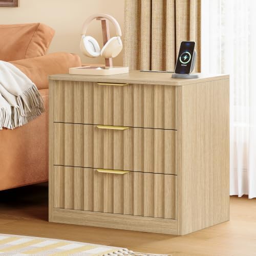 TEENFON Fluted Night Stand with 3 Storage Drawers, Nightstand with Charging Station and LED Light, Bedside Table for Small Space, Bedroom, Natural - Image 4